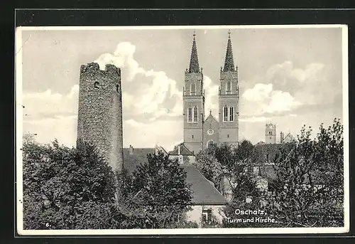 AK Oschatz, Blick zu Turm und Kirche
