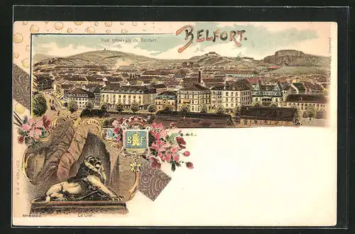 Lithographie Belfort, Vue gènèrale, Le Lion, Wappen