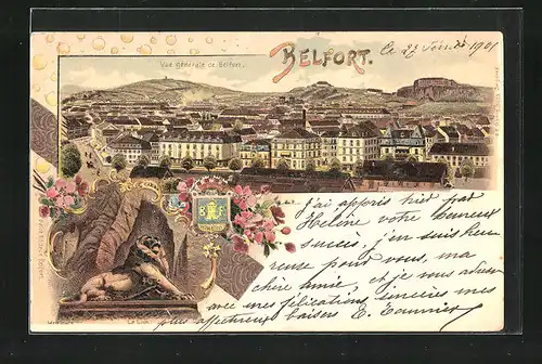 Lithographie Belfort, Vue gènèrale, Le Lion, Wappen