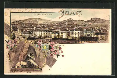 Lithographie Belfort, Vue gènèrale, Le Lion, Wappen