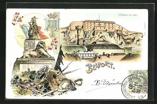 Lithographie Belfort, Chateau et Lion, Quand Meme !, Wappen