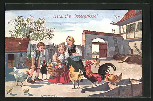 Künstler-AK Siegmund von Suchodolski: Kinder sammeln Ostereier im Hof, Herzliche Ostergrüsse!
