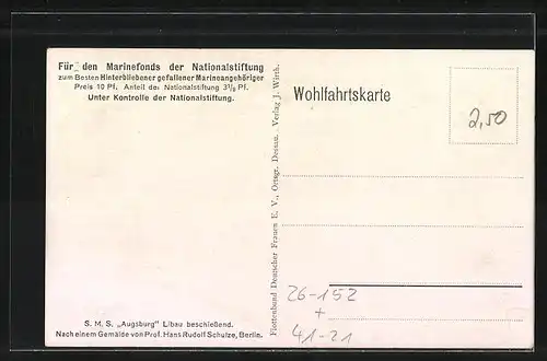 Künstler-AK Hans Rudolf Schulze: Kriegsschiff S. M. S. Augsburg beschiesst die Stadt Libau