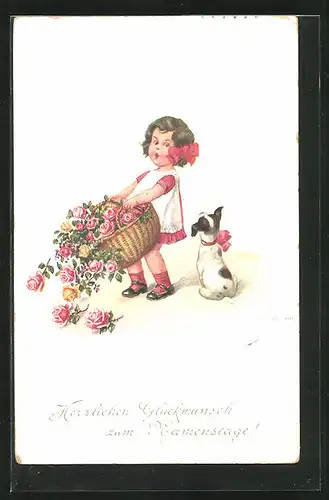 Künstler-AK Friedrich Kaskeline: Mädchen trägt einen Korb voller Rosen, Glückwunsch zum Namenstag!