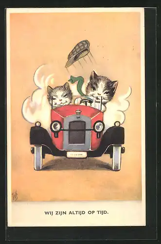 Künstler-AK Willi Scheuermann: Katzen fahren mit dem Auto, vermenschlichte Tiere
