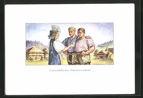 AK Emmenthalischer Schwingerverband, zwei Ringer betrachten die Frau in Tracht