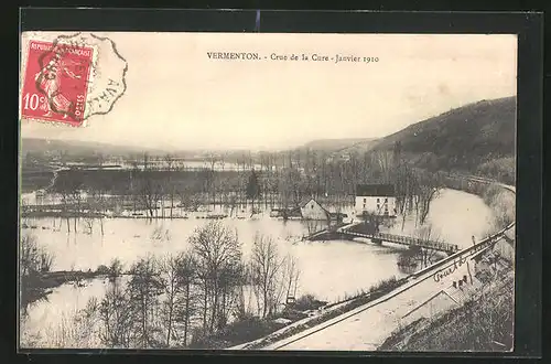 AK Vermenton, Crue de la Cure, Janvier 1910, Blick über den Ort im Hochwasser