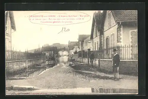 AK Villeneuve-sur-Yonne, L`Avenue Robillard, Hochwasser am 21. Januar 1910