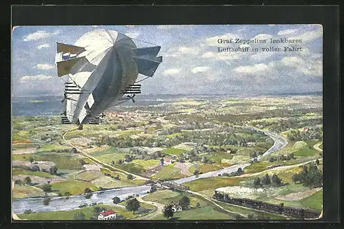 Künstler-AK Graf Zeppelin lenkbares Luftschiff in voller Fahrt