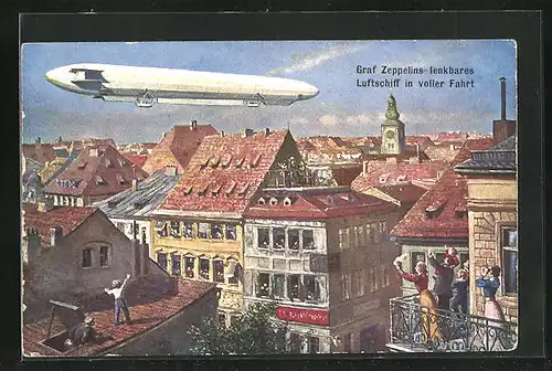 Künstler-AK Graf Zeppelins Luftschiff in voller Fahrt über einer Stadt