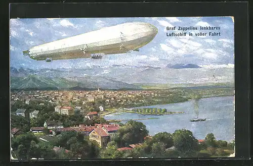 Künstler-AK Graf Zeppelins lenkbares Luftschiff in voller Fahrt