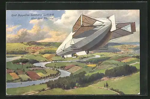 Künstler-AK Graf Zeppelins lenkbares Luftschiff über dem Rheinland
