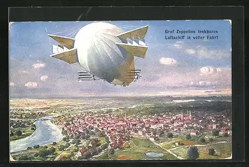 Künstler-AK Graf Zeppelins lenkbares Luftschiff in voller Fahrt