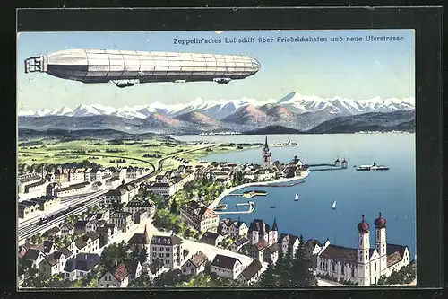 AK Friedrichshafen, Zeppelin`sches Luftschiff über der Stadt