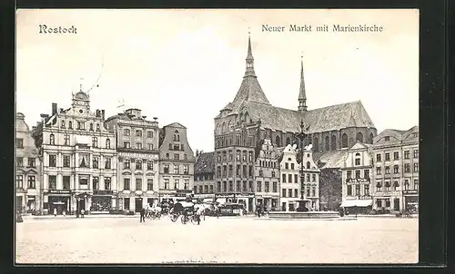 AK Rostock i.M., auf dem neuen Markt, Blick zur Marienkirche