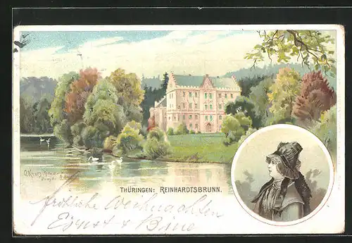 AK Reinhardtsbrunn in Thüringen, Uferpartie am Schloss, Frauenportrait