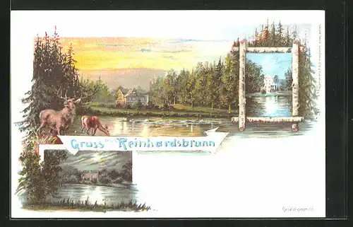 Lithographie Reinhardsbrunn, Blick zum Schloss, Hirsche am Ufer