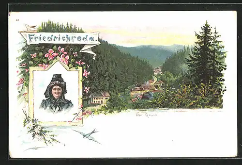 Lithographie Friedrichroda, Blick auf den Grund, Portrait einer älteren Frau in Tracht