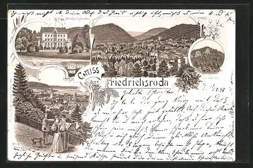 Lithographie Friedrichroda, Gesamtansicht, Blick zum Schloss Reinhardsbrunn, Blick vom Herzogsweg