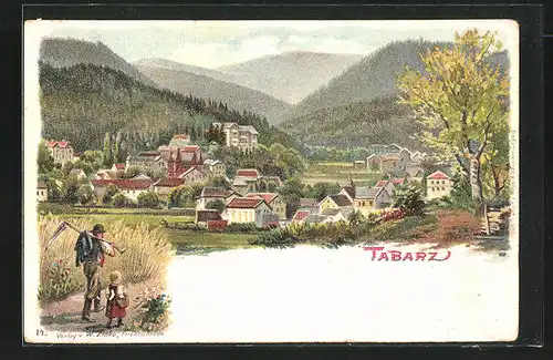 Lithographie Tabarz, Mann mit Sense und Kind auf dem Weg in den Ort