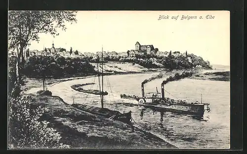AK Belgern a. Elbe, Gesamtansicht der Stadt, Dampfer auf dem Fluss