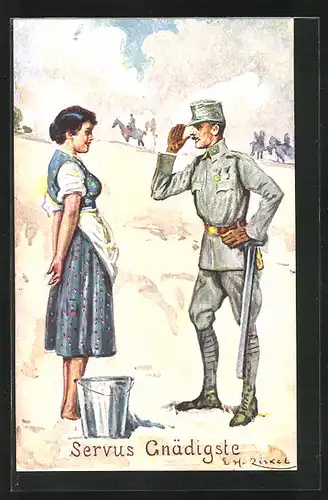 Künstler-AK sign. E. H. Zirkel: Soldat grüsst eine junge Bäuerin