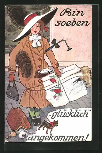 Künstler-AK P. O. Engelhard (P.O.E.) (unsign.): Dame wird von der Hundeleine gefesselt