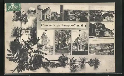 AK Paray-le-Monial, Vue Generale, L`Eglise, Mairie, Cimetiere, Verzierung mit Pflanze