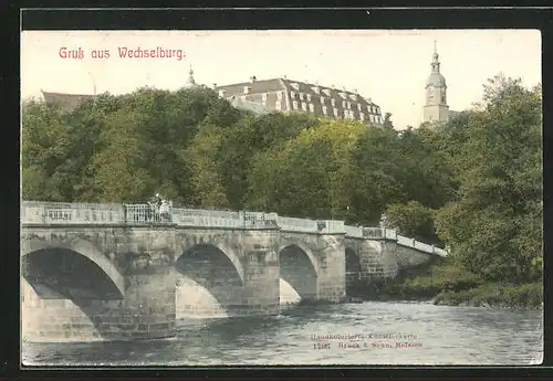 AK Wechselburg, Blick über die Brücke zum Schloss