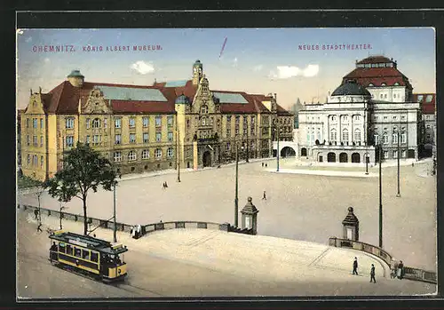 AK Chemnitz, Neues Stadttheater und König Albert-Museum, Strassenbahn