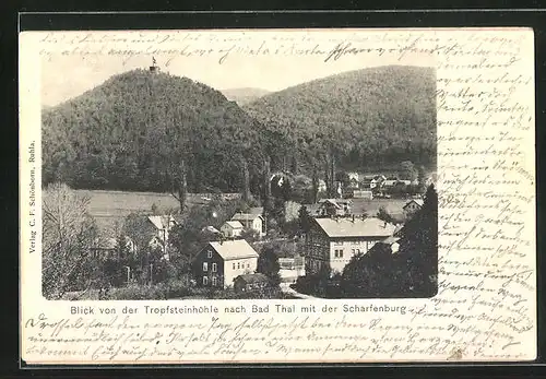 AK Bad Thal, Blick von der Tropfsteinhöhle auf den Ort mit der Scharfenburg