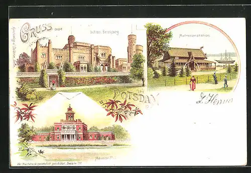 Lithographie Potsdam, Matrosenstation, Schloss Babelsberg, Marmor-Palais