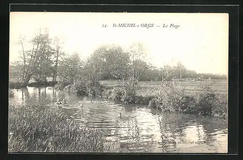AK St-Michel-sur-Orge, La Plage, Menschen baden im Fluss