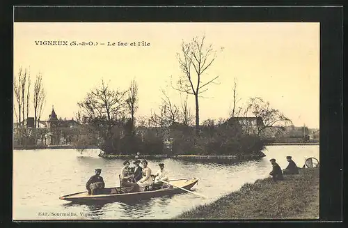 AK Vigneux, Le Lac et l`ile, ein Ruderboot am Ufer