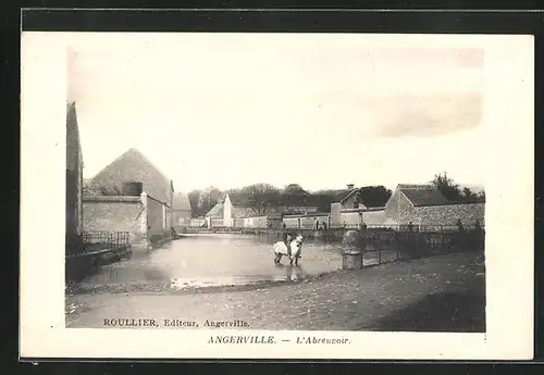 AK Angerville, L`Abreuvoir, Mann mit Pferd im Wasser