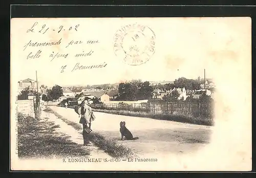 AK Longjumeau, Le Panorama, Mann mit Hund unterwegs