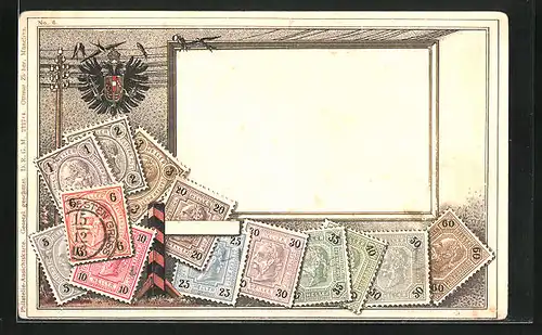 Präge-AK Briefmarken, Motiv mit Telegraphenmast und Adler