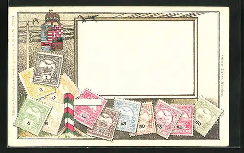 AK Briefmarken, Wappen mit Telegraphenmast