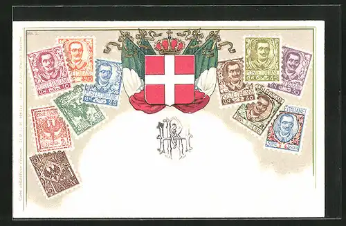 Präge-AK Briefmarken, Wappen mit Flaggen