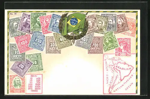 Präge-AK Briefmarken, Kranz mit brasilianischer Flagge