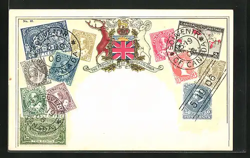 Präge-AK Briefmarken, Wappen der Provin Britisch Kolumbiens