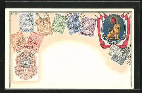 Präge-AK Briefmarken, Flaggen mit Löwen als Wappentier