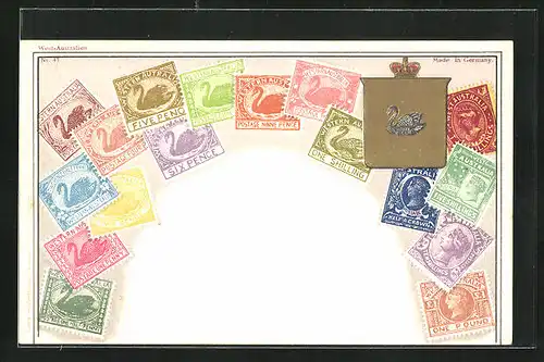Präge-AK Briefmarken, goldenes Wappen mit Schwan