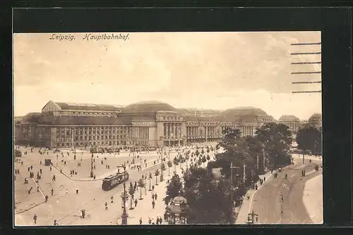 AK Leipzig, Hauptbahnhof mit Strassenbahn