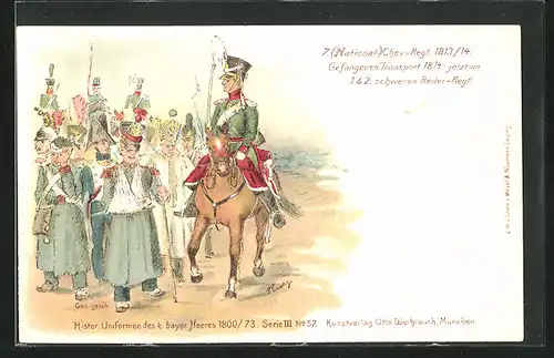 Künstler-AK 7. National Chev.-Regiment 1813 /14, verwundete Soldaten und ein Kavalleriereiter
