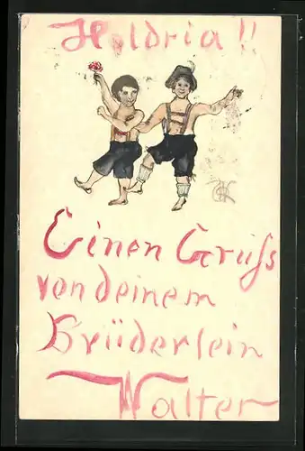 Künstler-AK Handgemalt: zwei Brüder tanzen gemeinsam, Grussworte des Bruders Walter