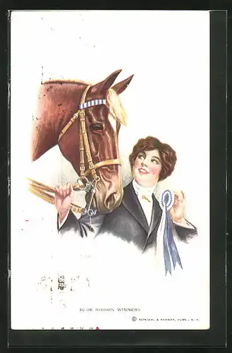 Künstler-AK sign.: Wallace, Frau mit preisgekröntem Pferd