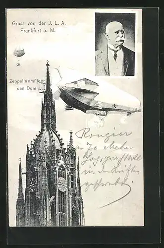 AK Frankfurt a.M., Zeppelin umfliegt den Dom zur Ausstellung