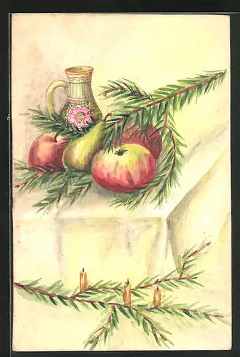 Künstler-AK Handgemalt: Stilleben, Äpfel und Birnen mit einem Krug auf dem Tisch