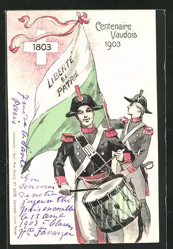 Künstler-AK Centenaire Vaudois 1903, schweizer Soldaten in Uniform mit Flagge und Trommel